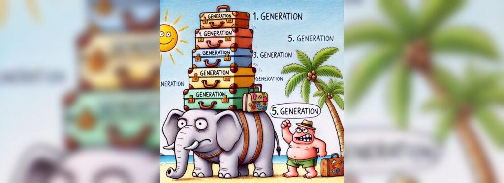 Symbolbild: Elefant trägt Koffer mehrerer Generationen